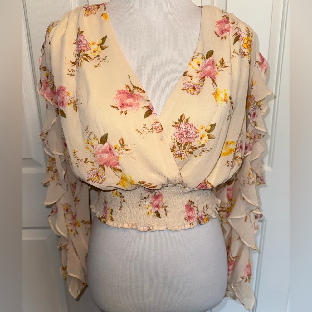 Boho Floral Smocked Crop Top Peasant Ruffle Sleeve Coquette Festival Women’s S-M
